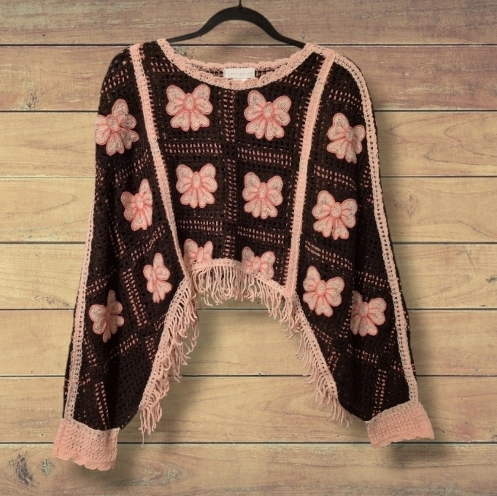 House or Harlow 1960 Crochet Fringe Bow Poncho Sweater NWT - Picture 2 of 10